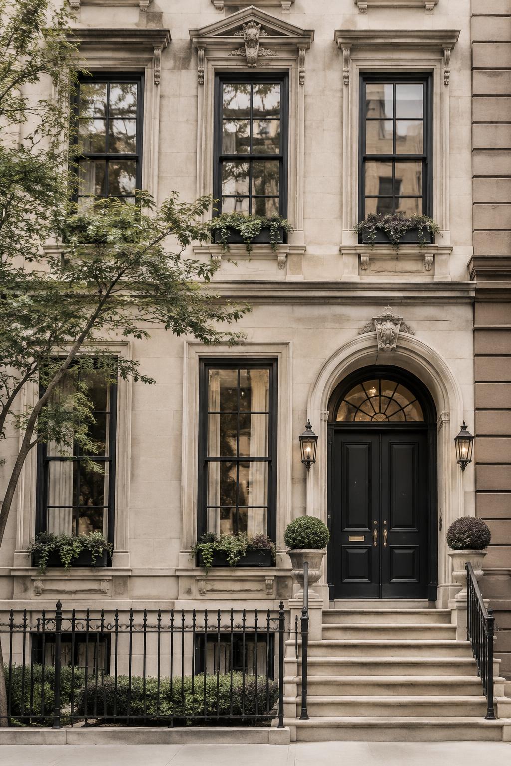 Restored limestone townhouse on the Upper East Side with wood sash windows and an arched entry door