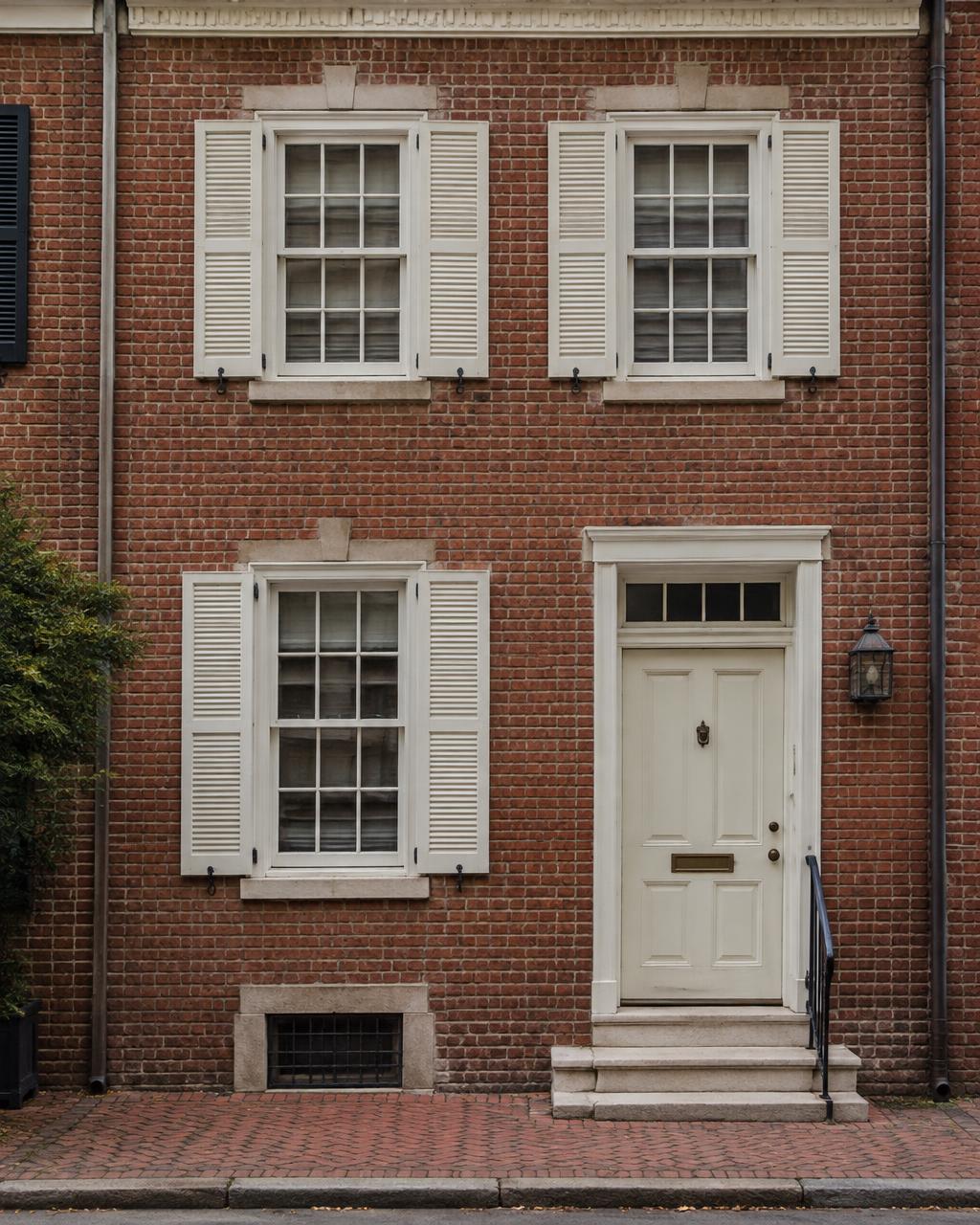 Federal brick rowhouse with shuttered six-over-six sash windows in Philadelphia
