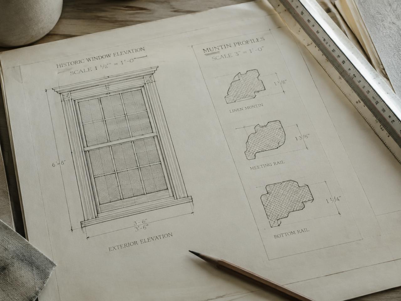 Window elevation and muntin profile drawings on a drafting table
