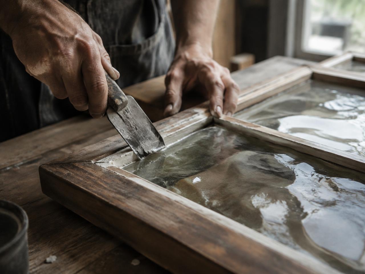 Hands re-glazing an antique wood sash on a workbench